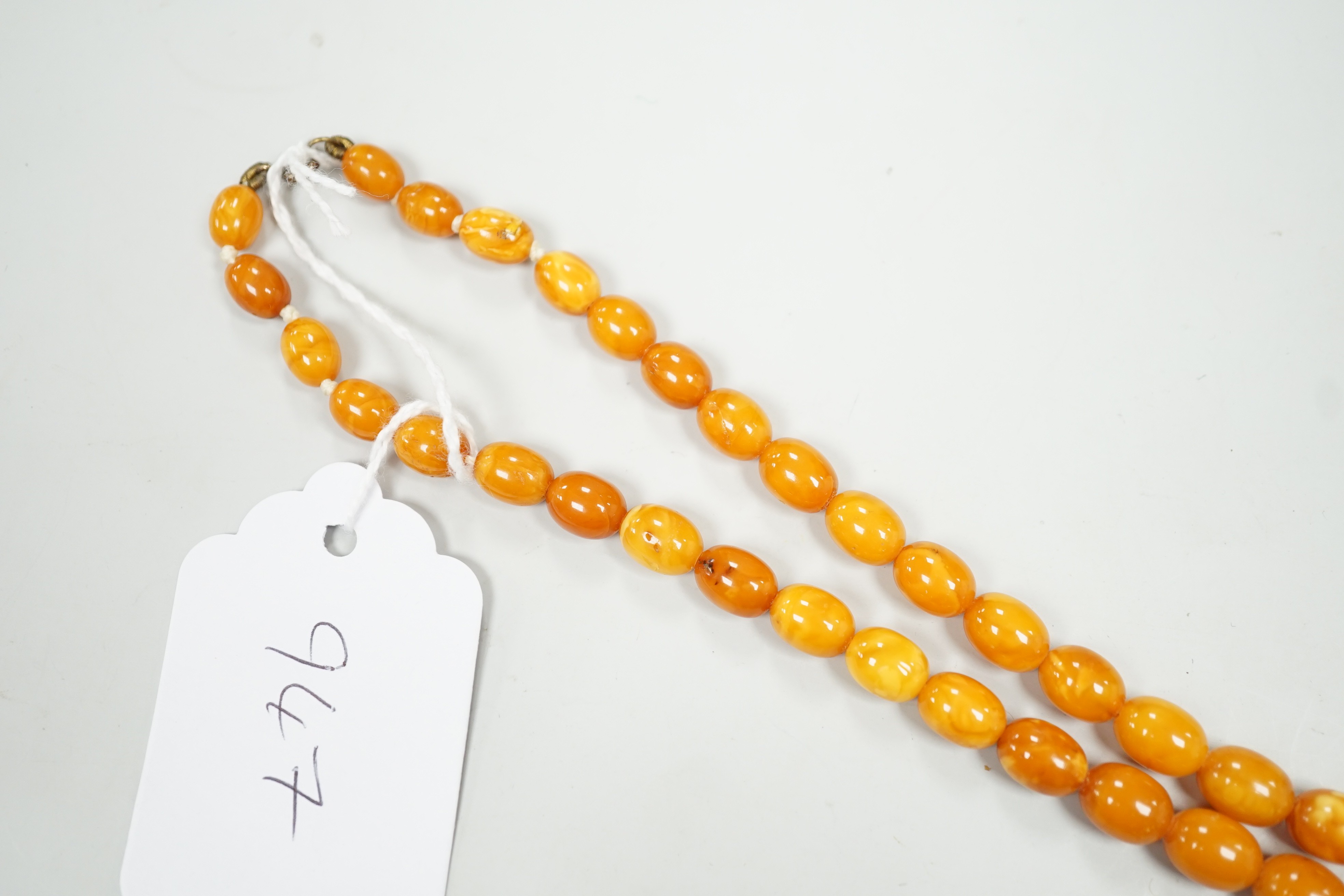 A single strand graduated amber bead necklace, 62cm, gross weight 34 grams.